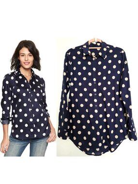 Gap Classic Polka Dot 100% Cotton High-Low Button Up Shirt Blouse Top M Navy